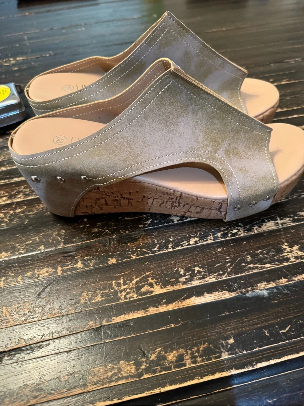 Source Unknown Olive Green Cork Wedge Slide Sandals
